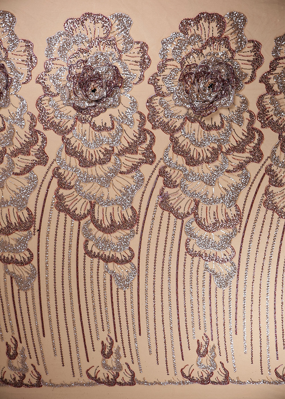 Beige Imported Net Fabric With All Over Bead And Sequins And One Side Applique Work Border 16558