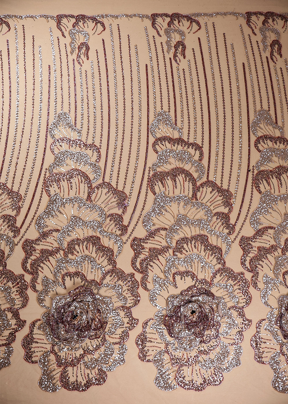 Beige Imported Net Fabric With All Over Bead And Sequins And One Side Applique Work Border 16558