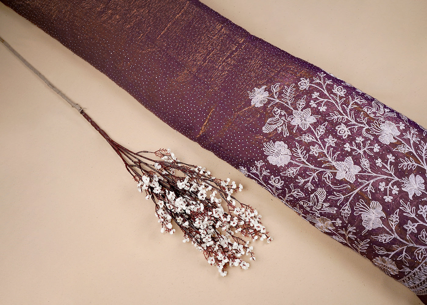Purple Silk Tissue Fabric With All Over Swarovski Work With One Side Threadwork Border 16561