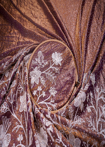 Purple Silk Tissue Fabric With All Over Swarovski Work With One Side Threadwork Border 16561