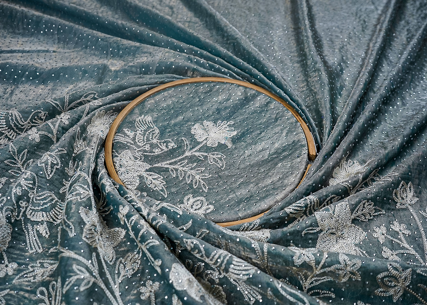 Teal Blue Silk Tissue Fabric With All Over Swarovski Work With One Side Threadwork Border 16562