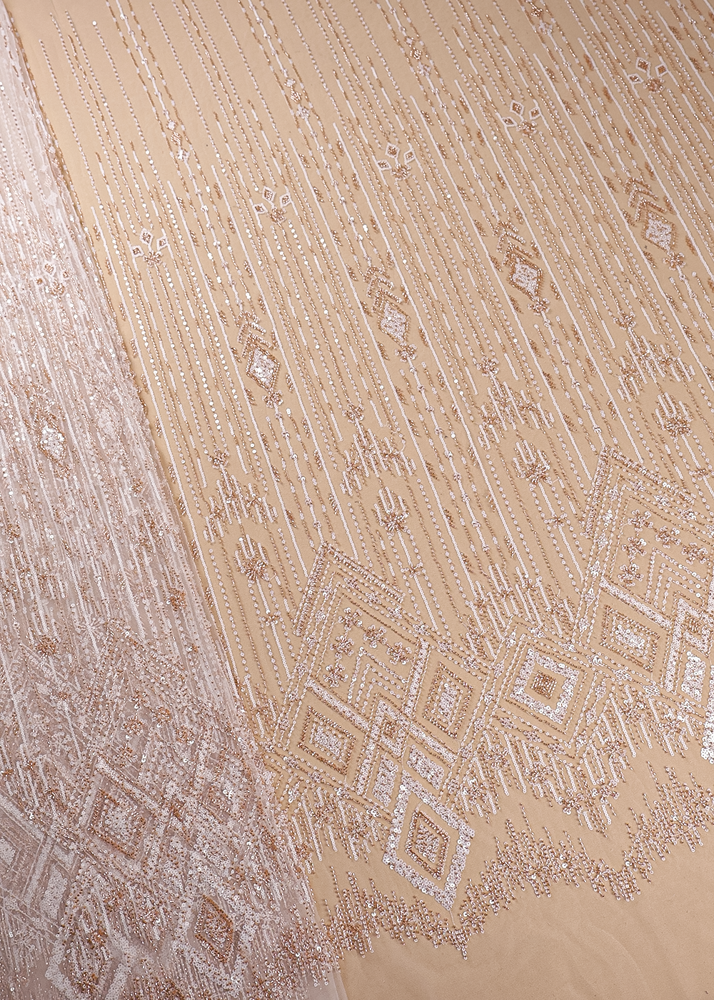 White Imported Net Fabric With All Over Sequins And Bead Work With One Side Border 16593