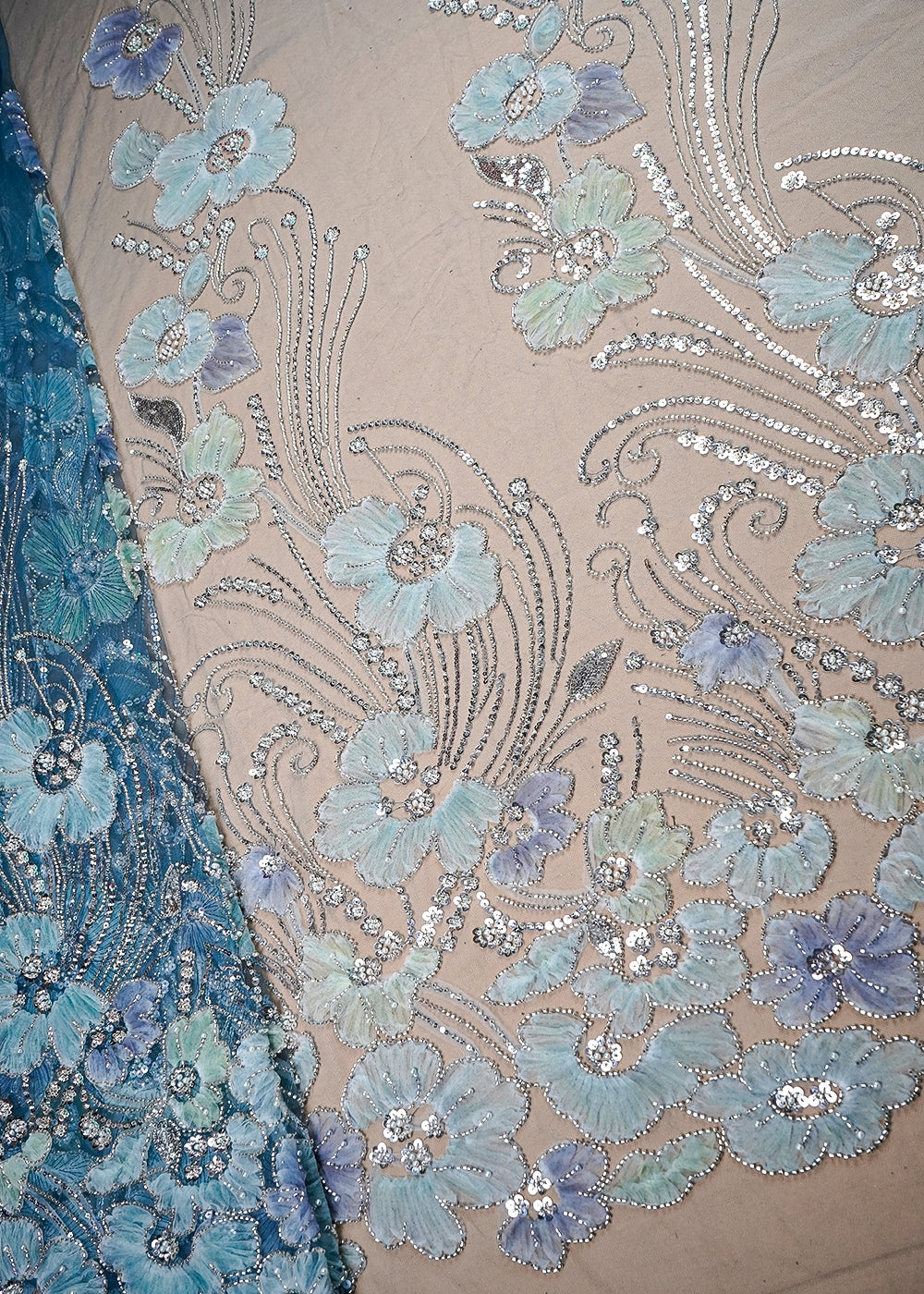 Blue Imported Net Fabric With All Over Applique Work With Bead And Sequins 16594