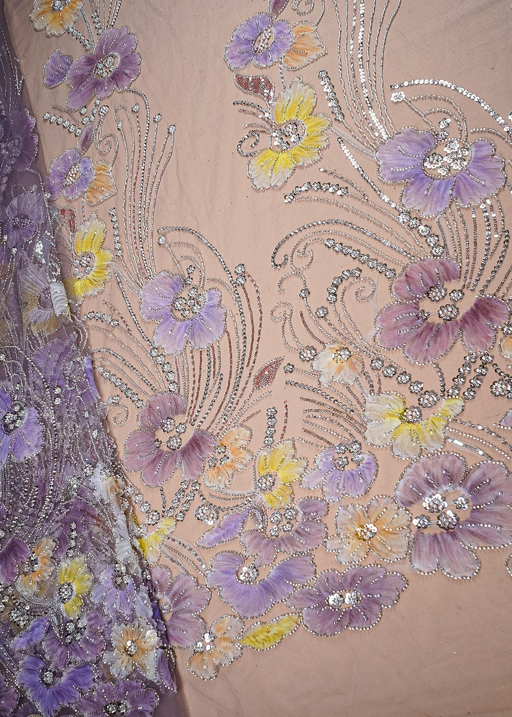 Onion Imported Net Fabric With All Over Applique Work With Bead And Sequins 16595
