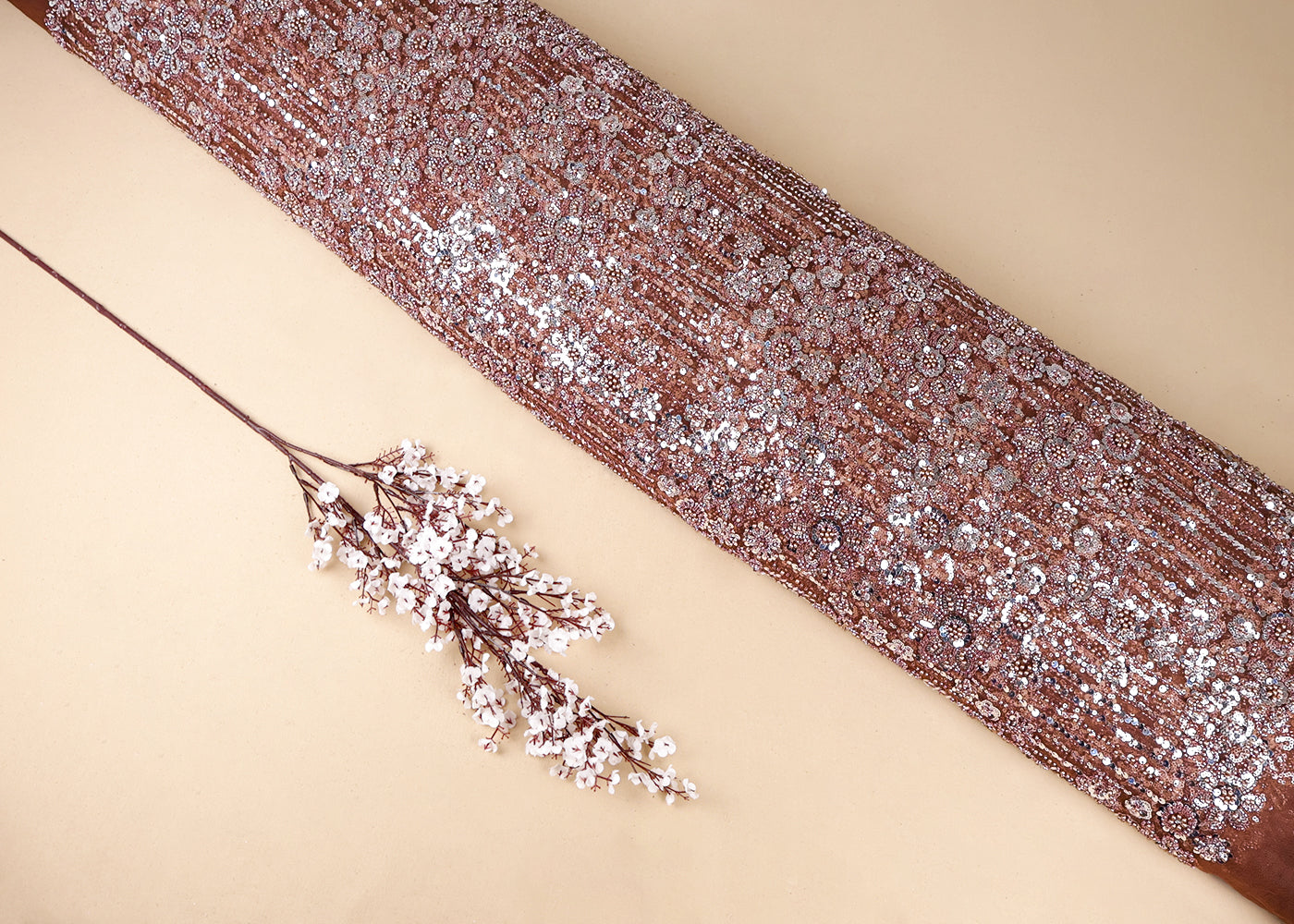 Coffee Imported Net Fabric With All Over Bead And Sequins Work 16597