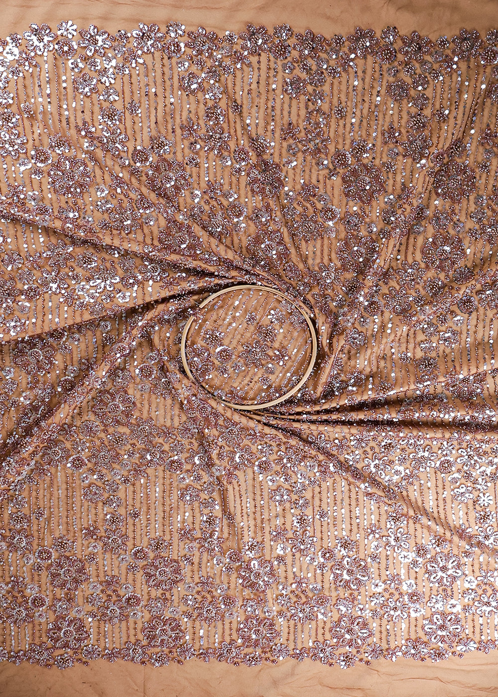 Coffee Imported Net Fabric With All Over Bead And Sequins Work 16597