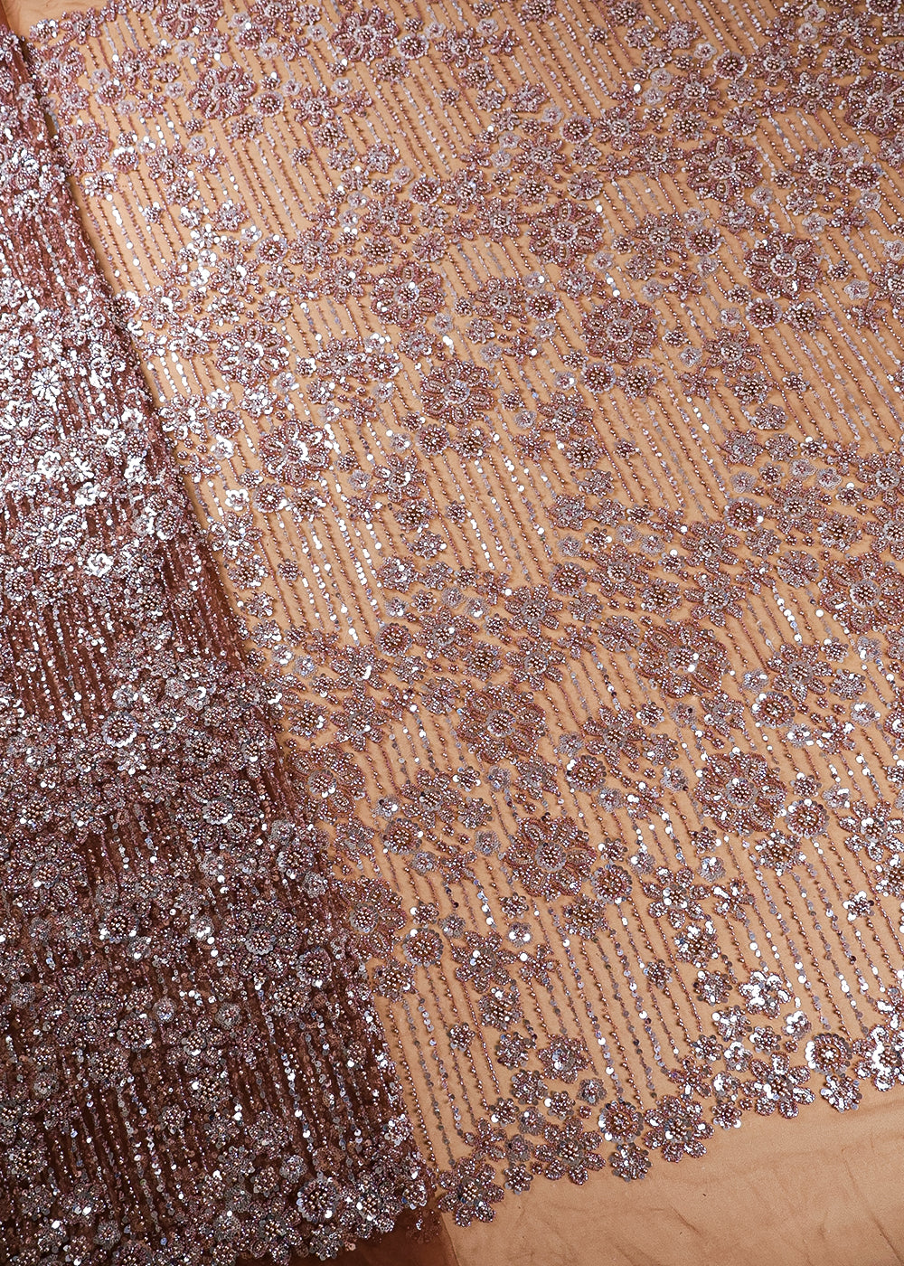 Coffee Imported Net Fabric With All Over Bead And Sequins Work 16597