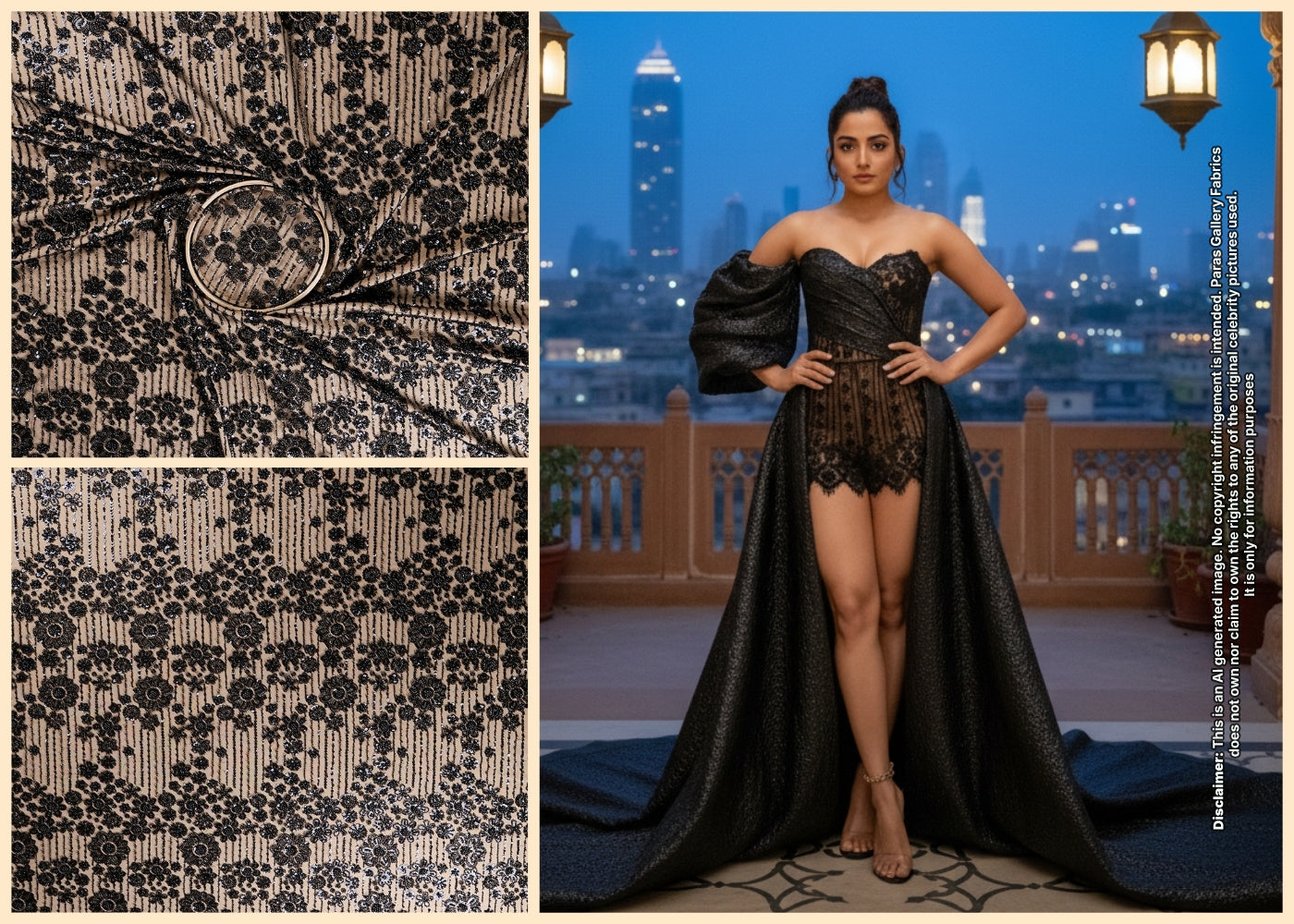 Rashmika Inspired Edition | Black Embroidered Imported Net Unstitched Fabric 16599