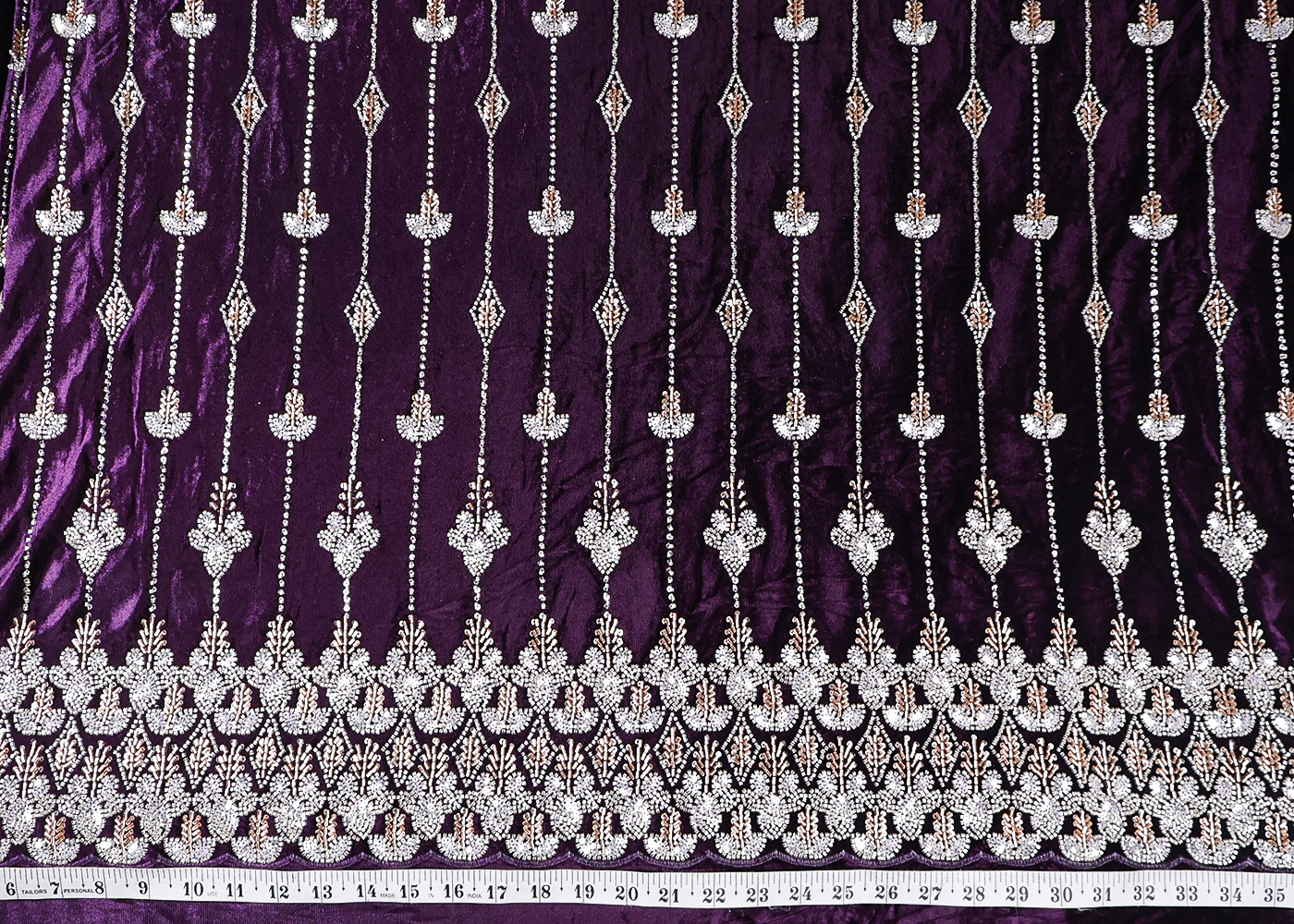 Deep Purple Velvet Fabric With All Over Katdana, Sequins And Bead Work With One Side Border 16603