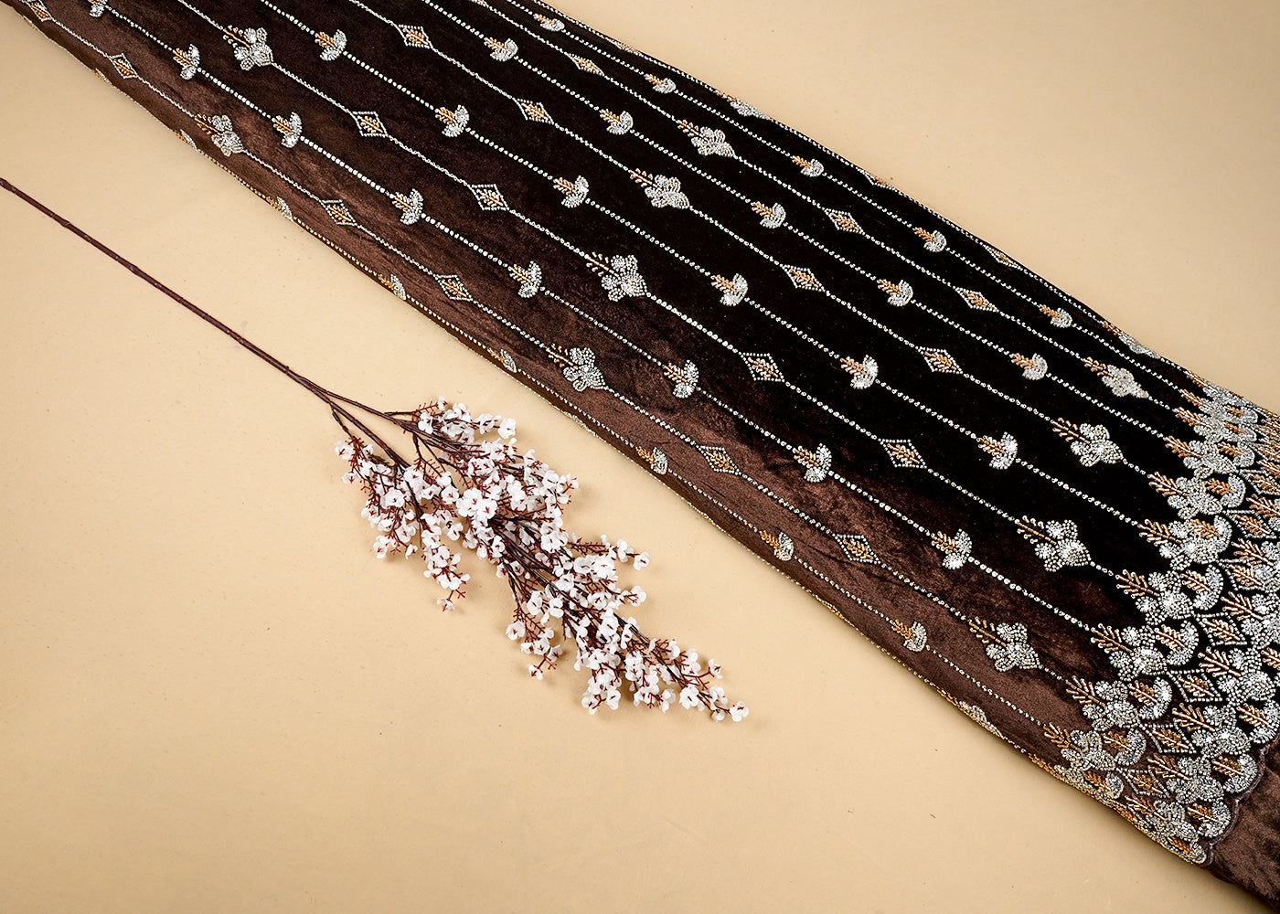 Coffee Velvet Fabric With All Over Katdana, Sequins And Bead Work With One Side Border 16604