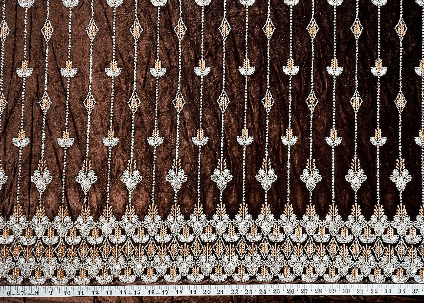 Coffee Velvet Fabric With All Over Katdana, Sequins And Bead Work With One Side Border 16604