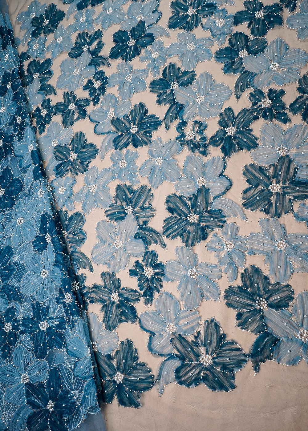 Sky Blue Imported Net Fabric With All Over Applique Work With Bead And Pearl 16605