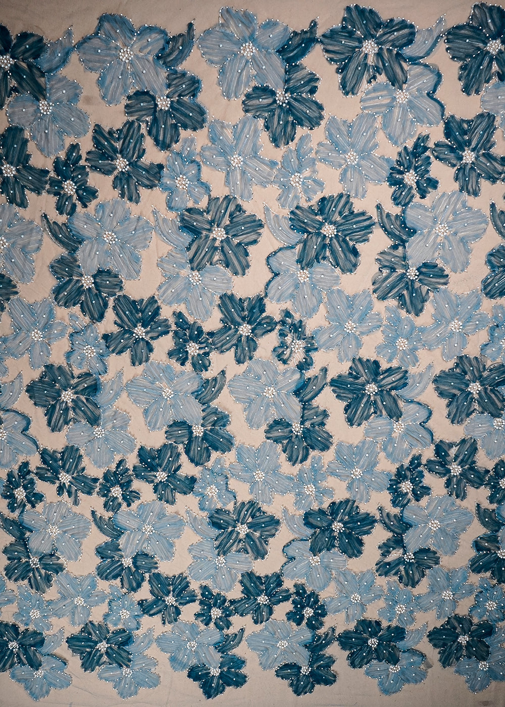 Sky Blue Imported Net Fabric With All Over Applique Work With Bead And Pearl 16605