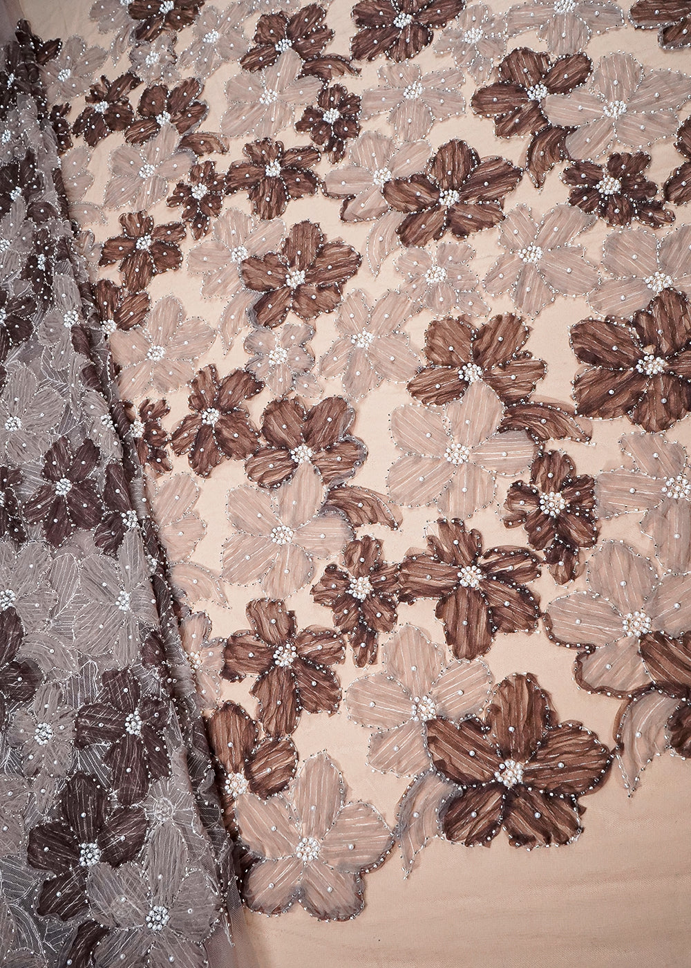 Coffee Imported Net Fabric With All Over Applique Work With Bead And Pearl 16606