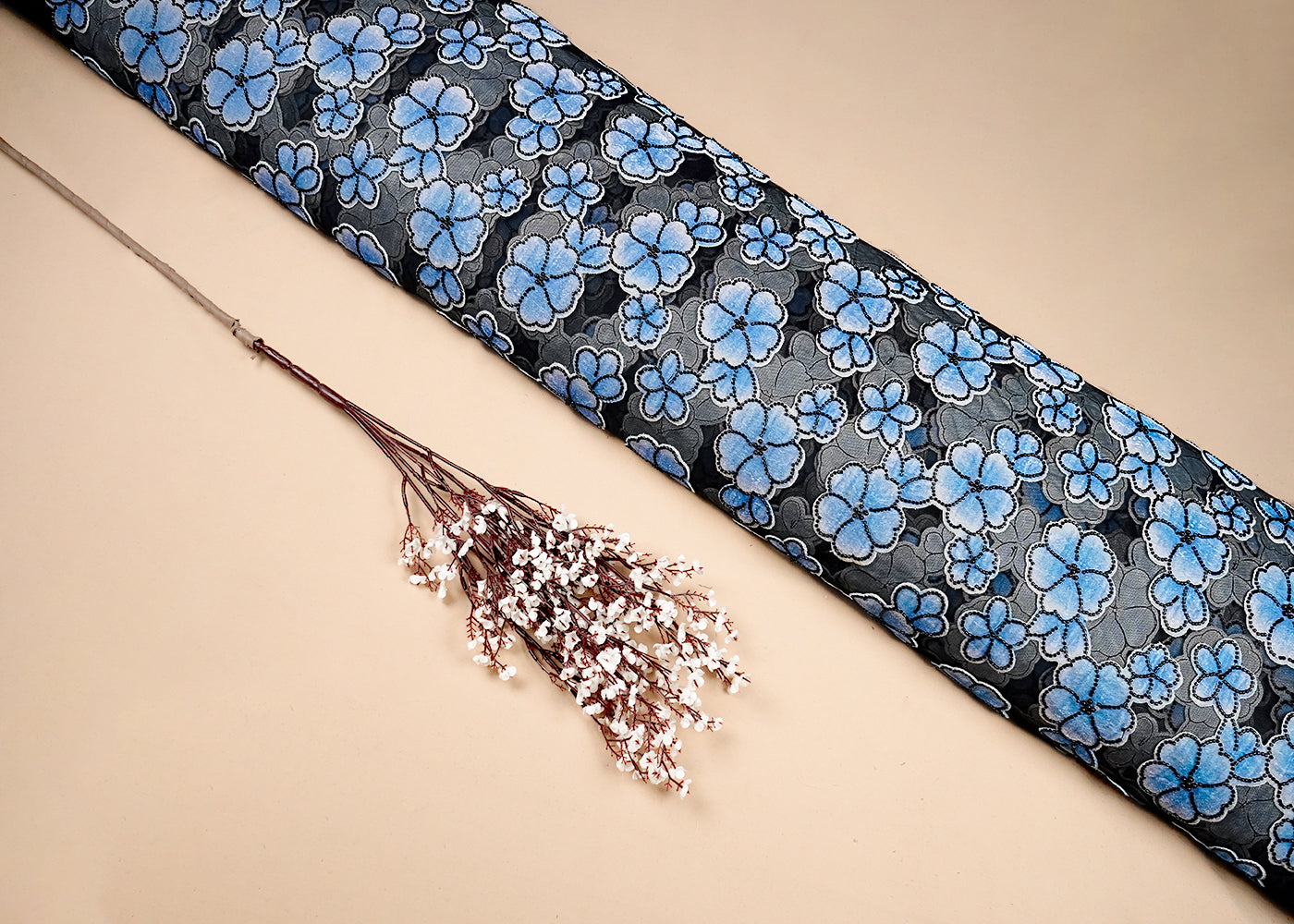 Sky Blue Imported Net Fabric With All Over Applique Work With Bead And Pearl 16609