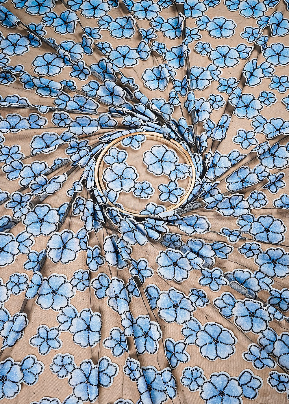 Sky Blue Imported Net Fabric With All Over Applique Work With Bead And Pearl 16609
