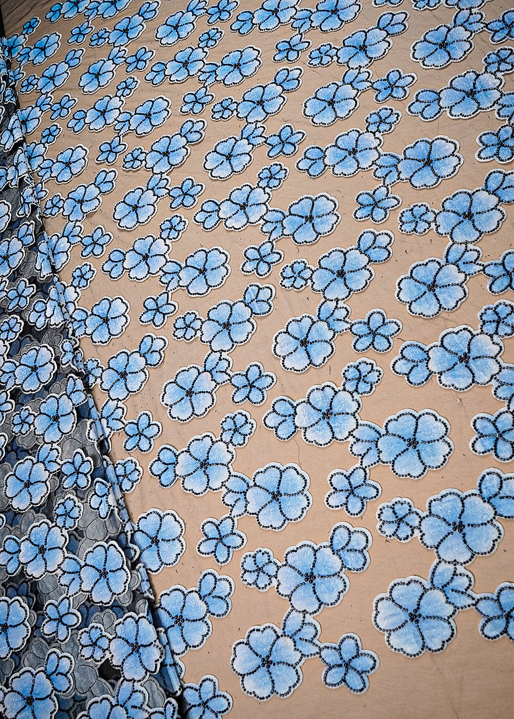 Sky Blue Imported Net Fabric With All Over Applique Work With Bead And Pearl 16609