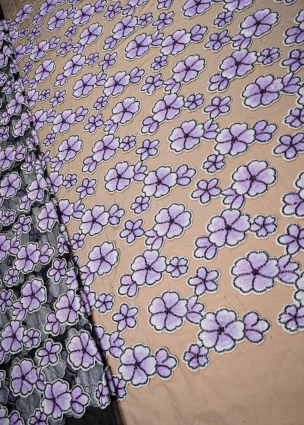 Lavender Imported Net Fabric With All Over Applique Work With Bead And Pearl 16612