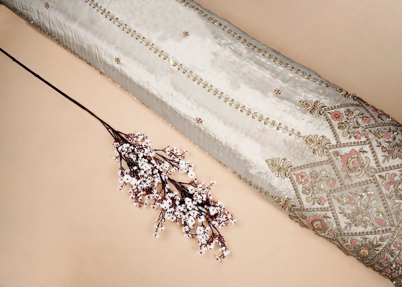 White Dyeable Crepe Fabric With All Over Sequins, Katdana And Zari Work With One Side Heavy Border 16622