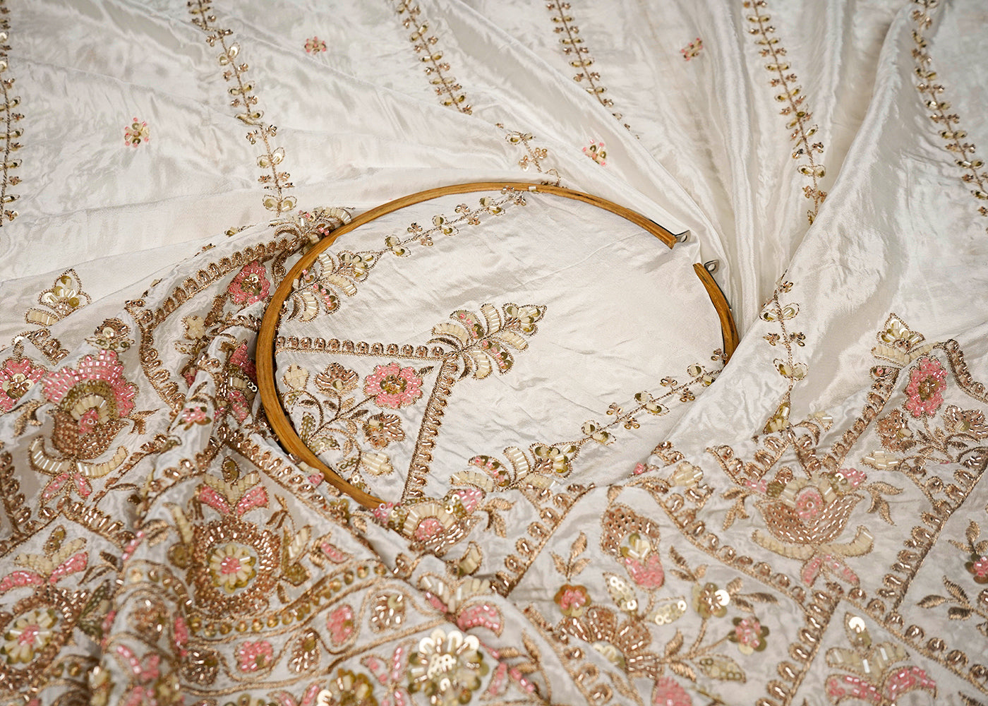 White Dyeable Crepe Fabric With All Over Sequins, Katdana And Zari Work With One Side Heavy Border 16622