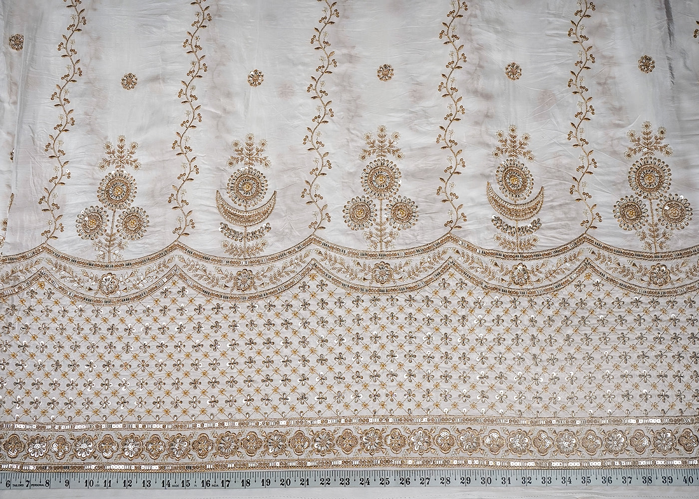 White Dyeable Crepe Fabric With All Over Sequins, Katdana And Zari Work With One Side Heavy Border 16624