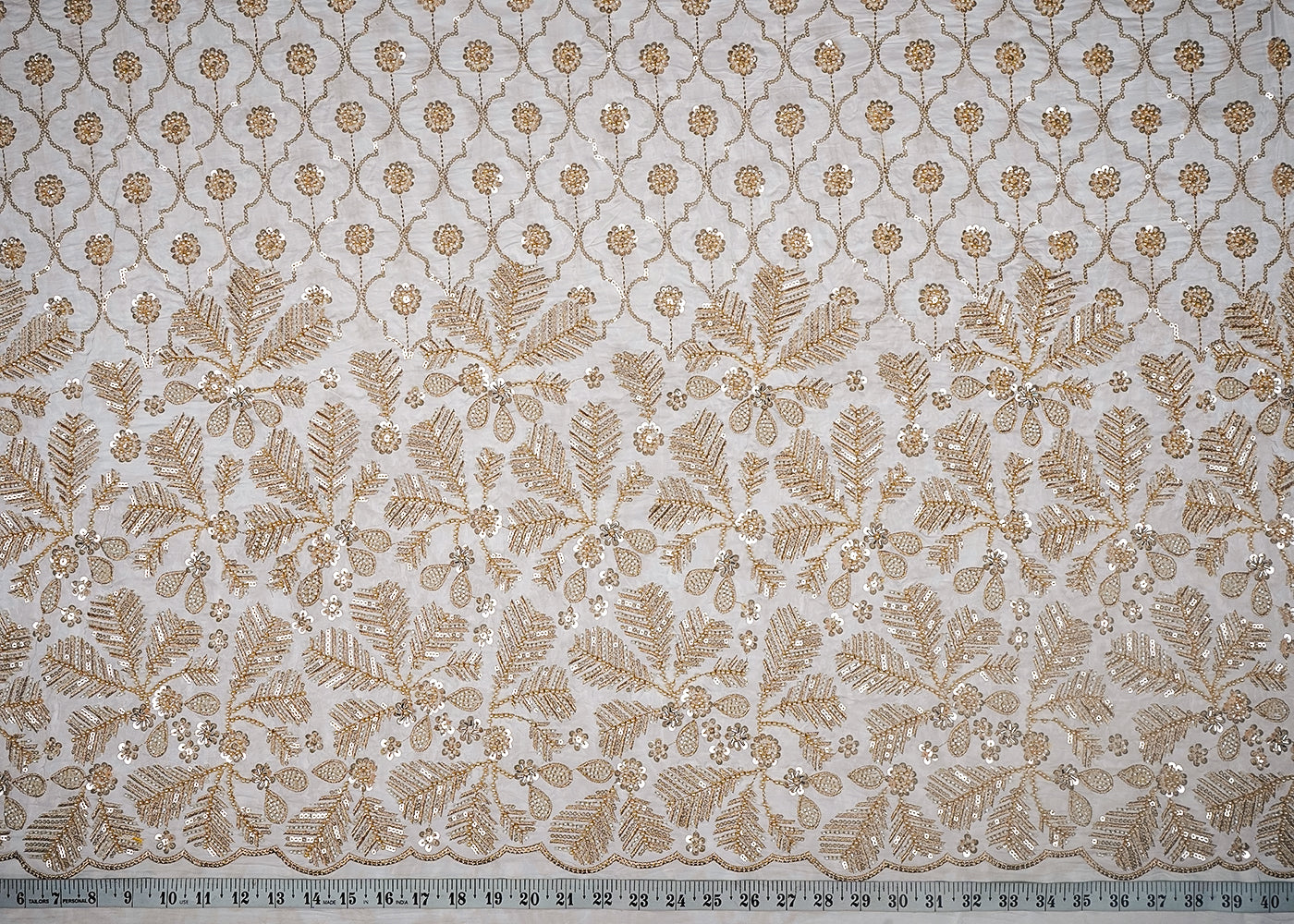 White Dyeable Crepe Fabric With All Over Sequins, Katdana And Zari Work With One Side Heavy Border 16626