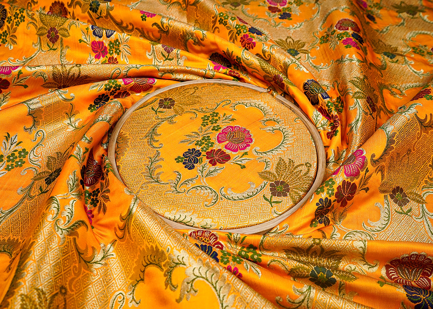 Mustard Banarasi Brocade Fabric With All Over Thread And Zari Handloom 16633