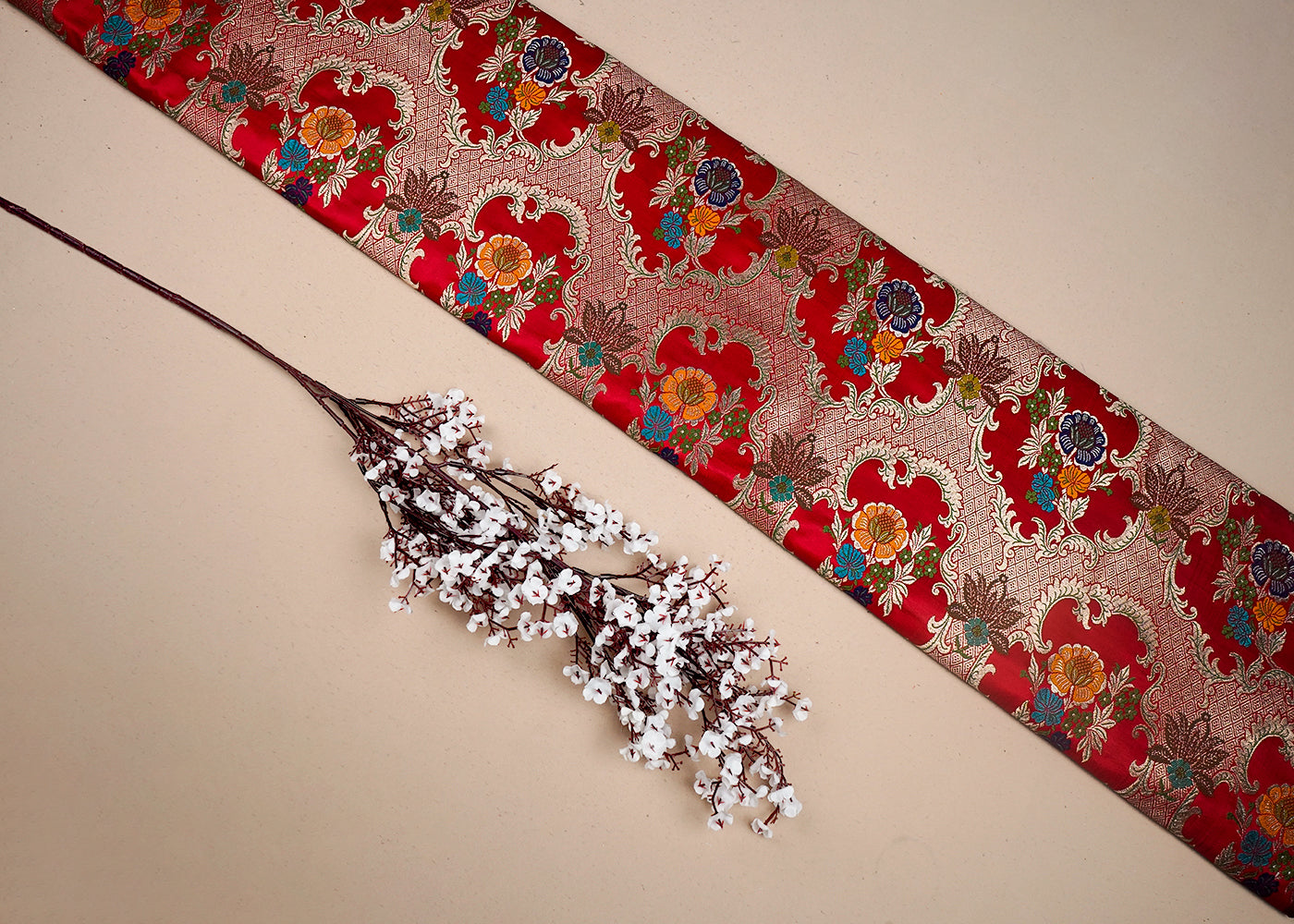 Red Banarasi Brocade Fabric With All Over Thread And Zari Handloom 16635