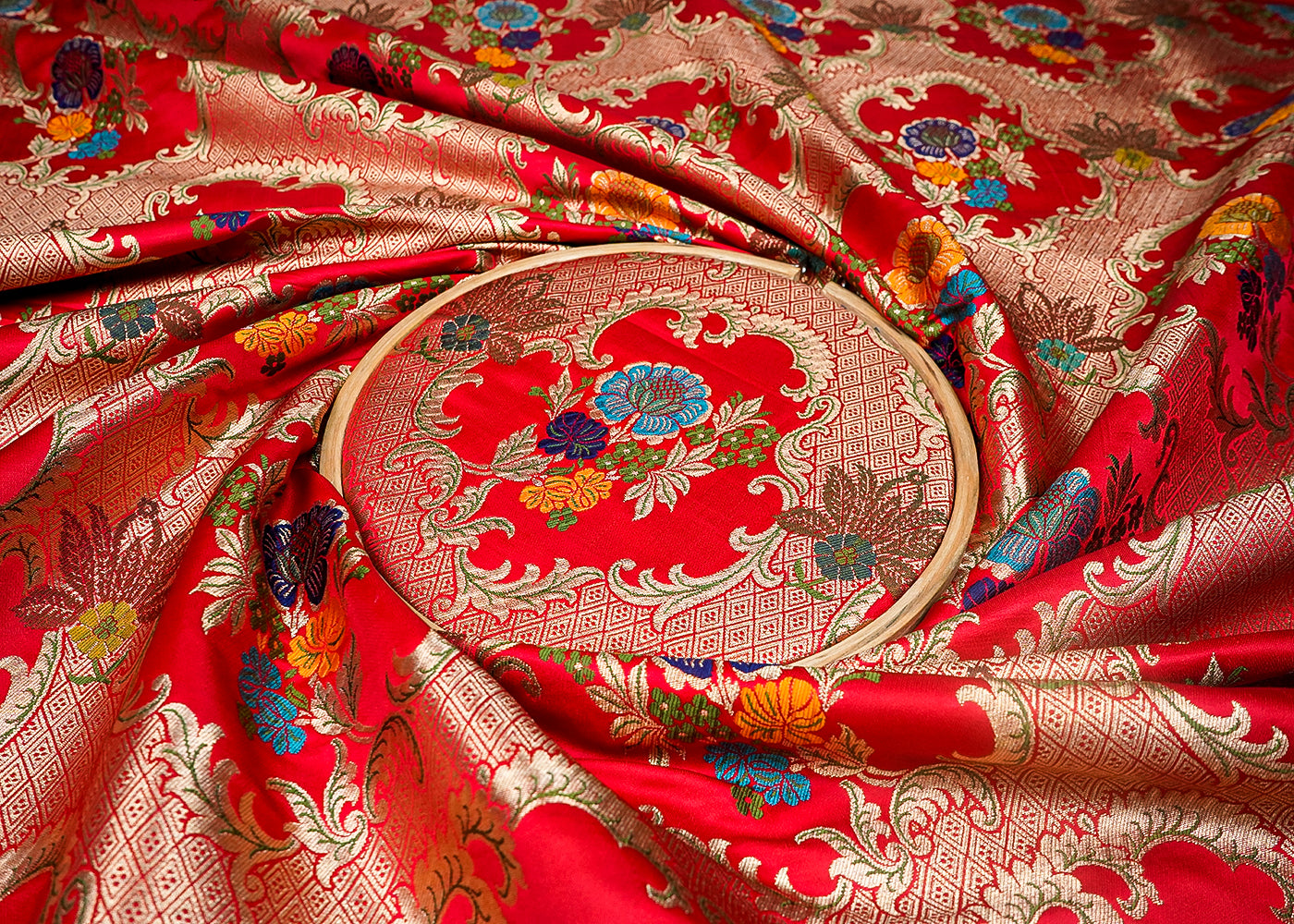 Red Banarasi Brocade Fabric With All Over Thread And Zari Handloom 16635