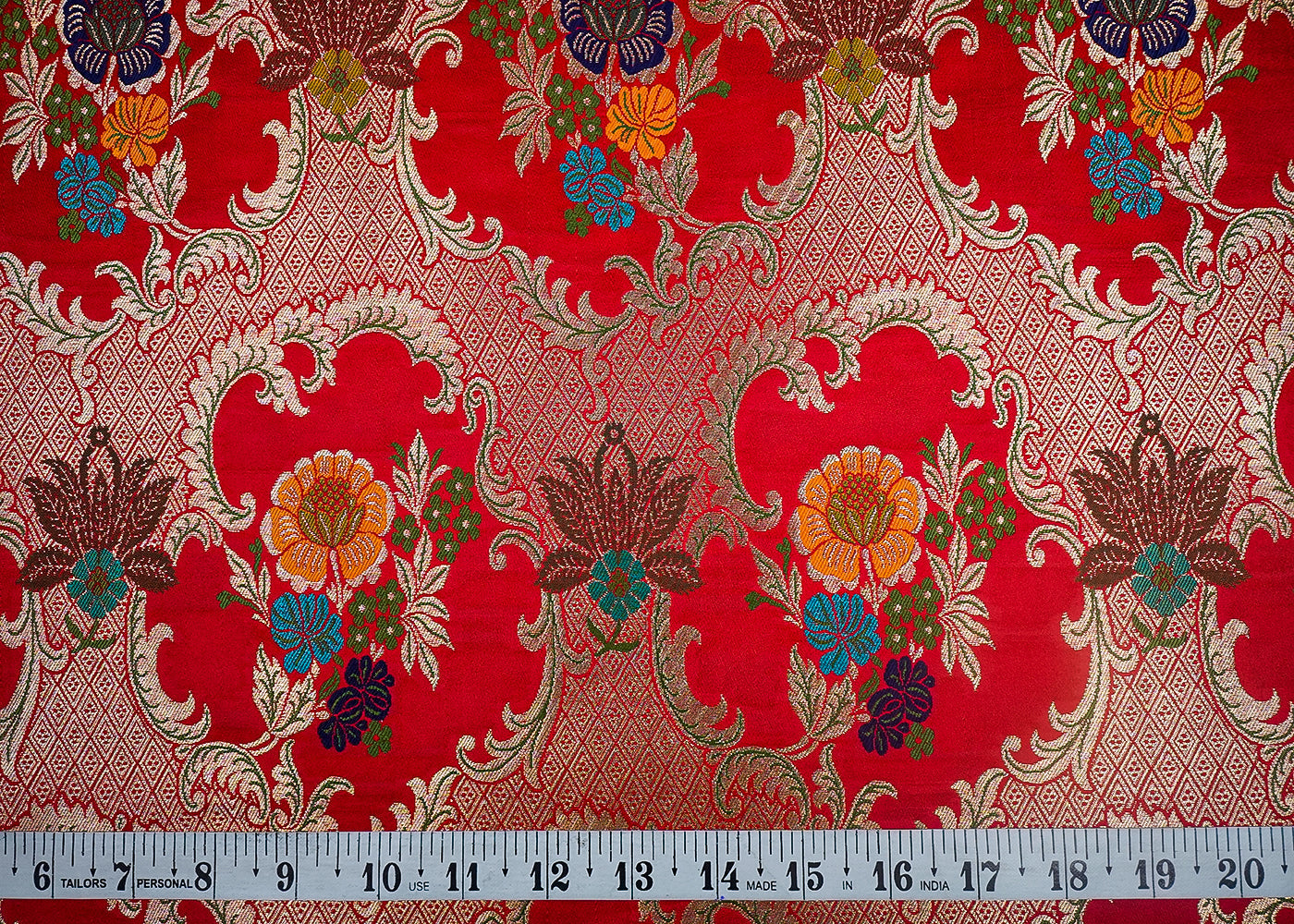 Red Banarasi Brocade Fabric With All Over Thread And Zari Handloom 16635