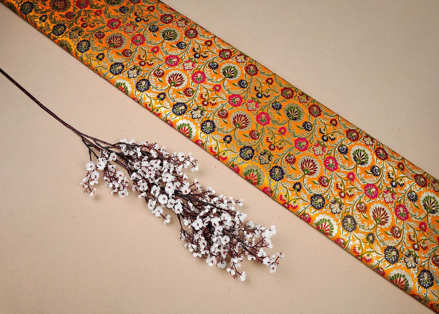 Mustard Banarasi Brocade Fabric With All Over Thread And Zari Handloom 16636
