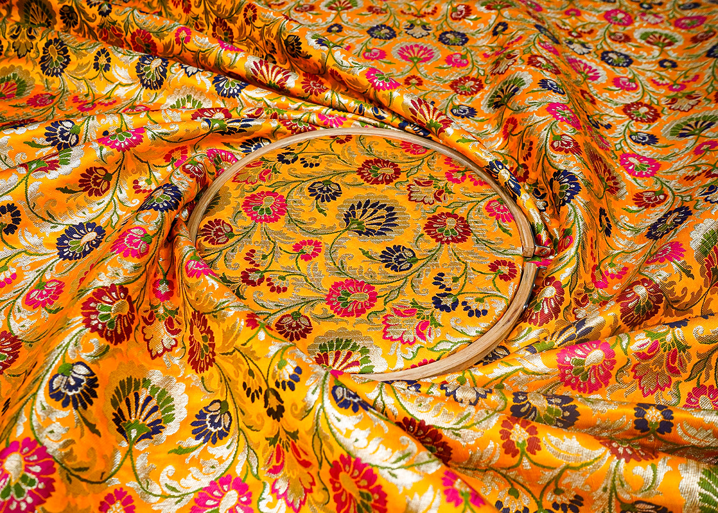Mustard Banarasi Brocade Fabric With All Over Thread And Zari Handloom 16636