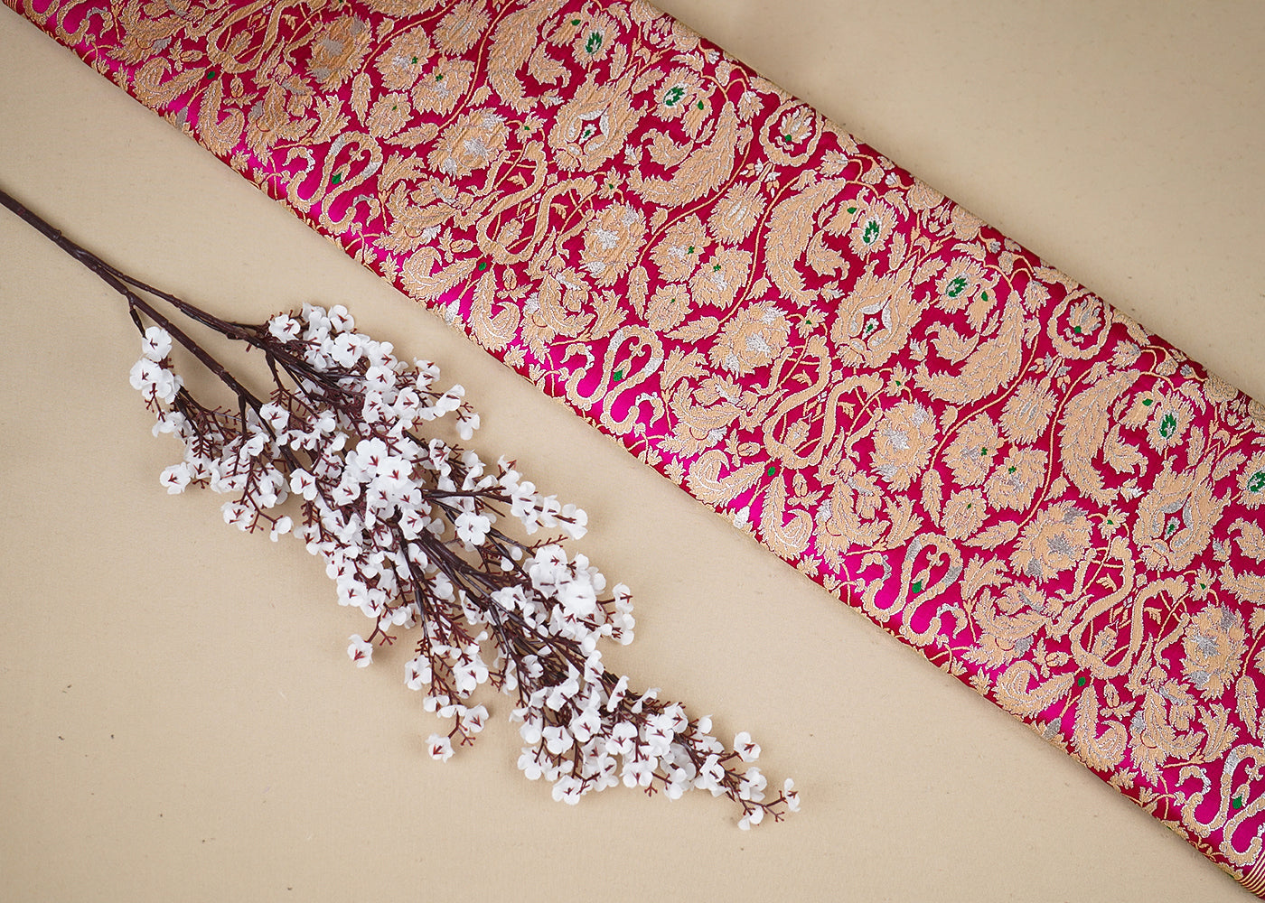 Pink Banarasi Brocade Fabric With All Over Thread And Zari Handloom 16640