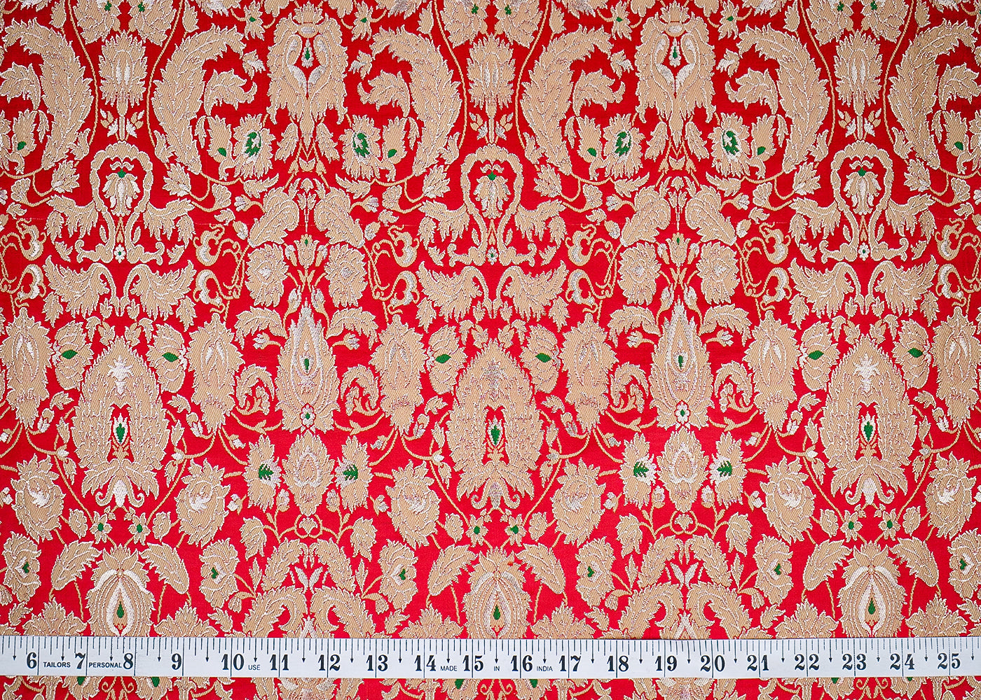 Red Banarasi Brocade Fabric With All Over Thread And Zari Handloom 16641