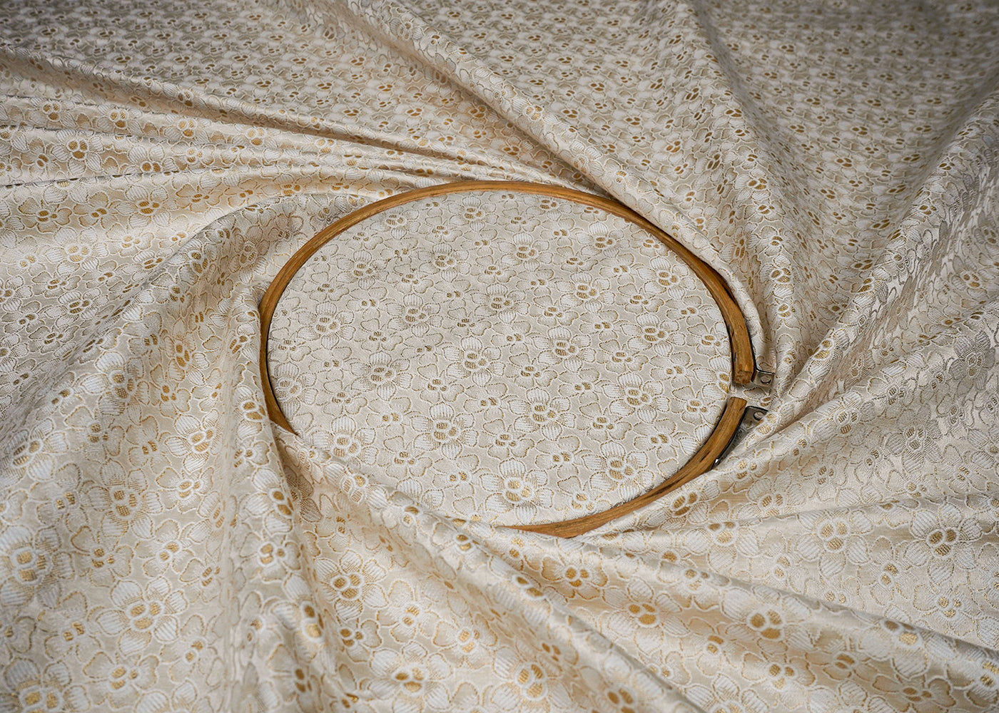 White Dyeable Banarasi Brocade Fabric With All Over Golden Zari Handloom 16659