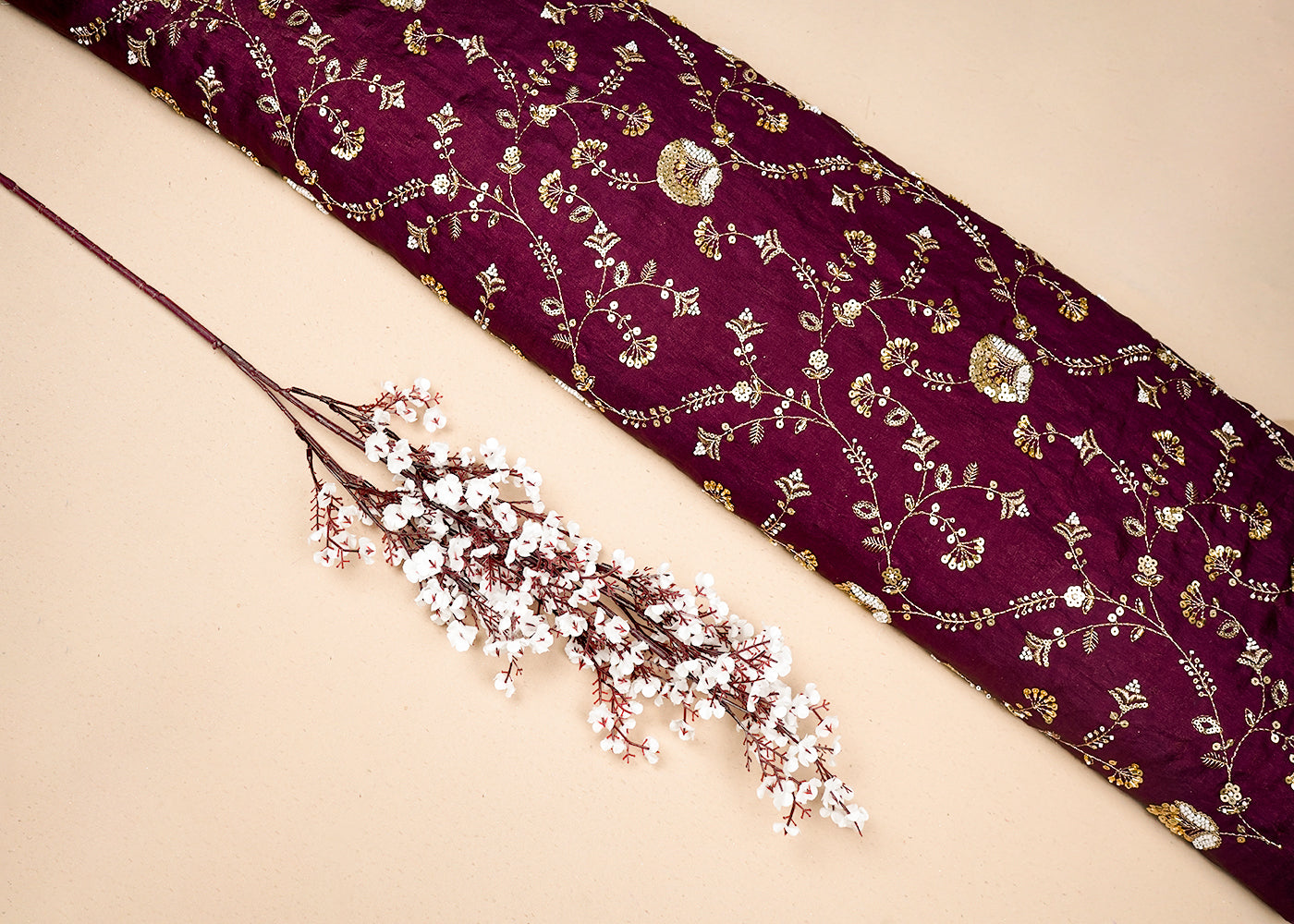 Wine Diamond Silk Fabric With All Over Zari, Sequins, Bead And Katdana Work 16670