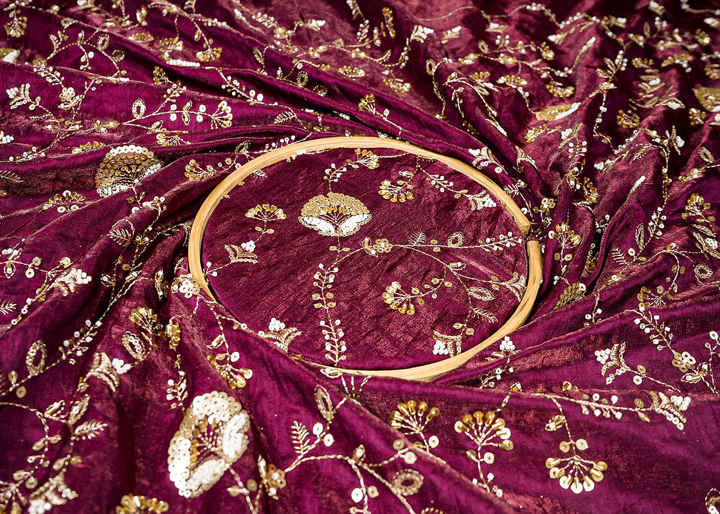 Wine Diamond Silk Fabric With All Over Zari, Sequins, Bead And Katdana Work 16670