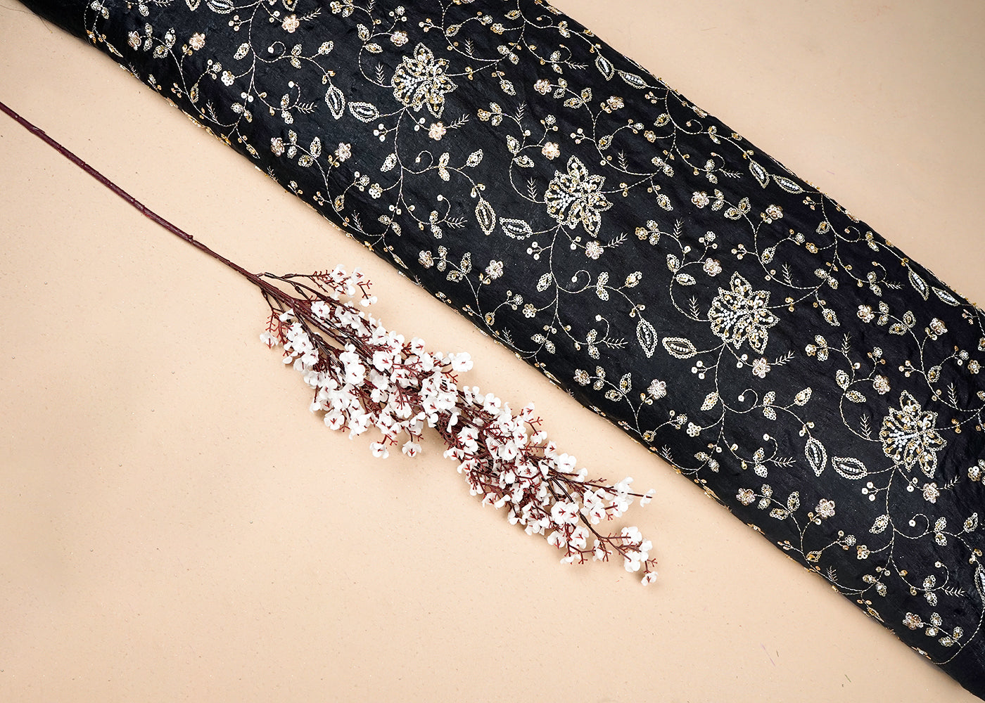 Black Diamond Silk Fabric With All Over Zari, Sequins, Bead And Katdana Work 16673
