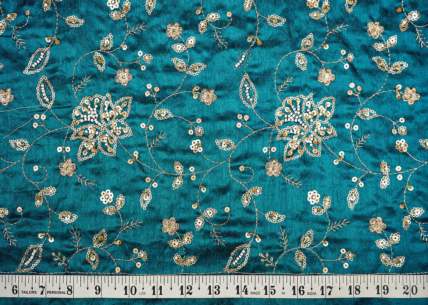 Teal Green Diamond Silk Fabric With All Over Zari, Sequins, Bead And Katdana Work 16674