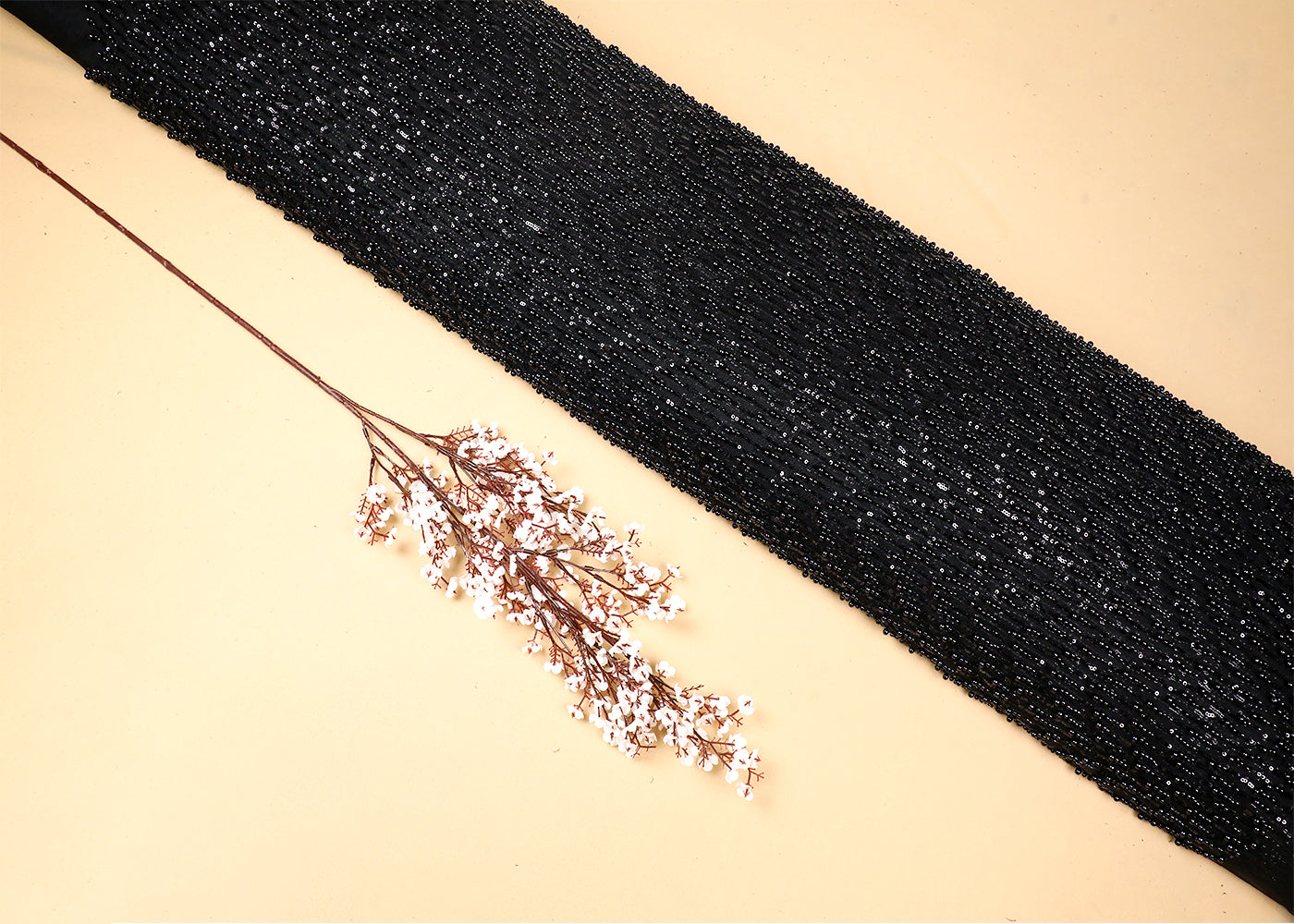 Black Imported Net Fabric With All Over Sequins And Bead Work With One Side Scalloped Edge 16677
