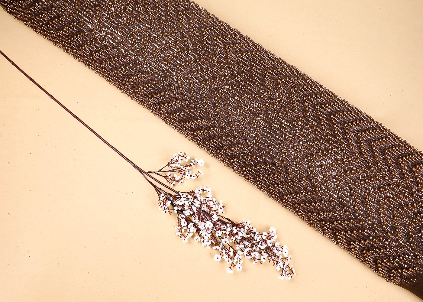 Coffee Imported Net Fabric With All Over Sequins And Bead Work With One Side Scalloped Edge 16679
