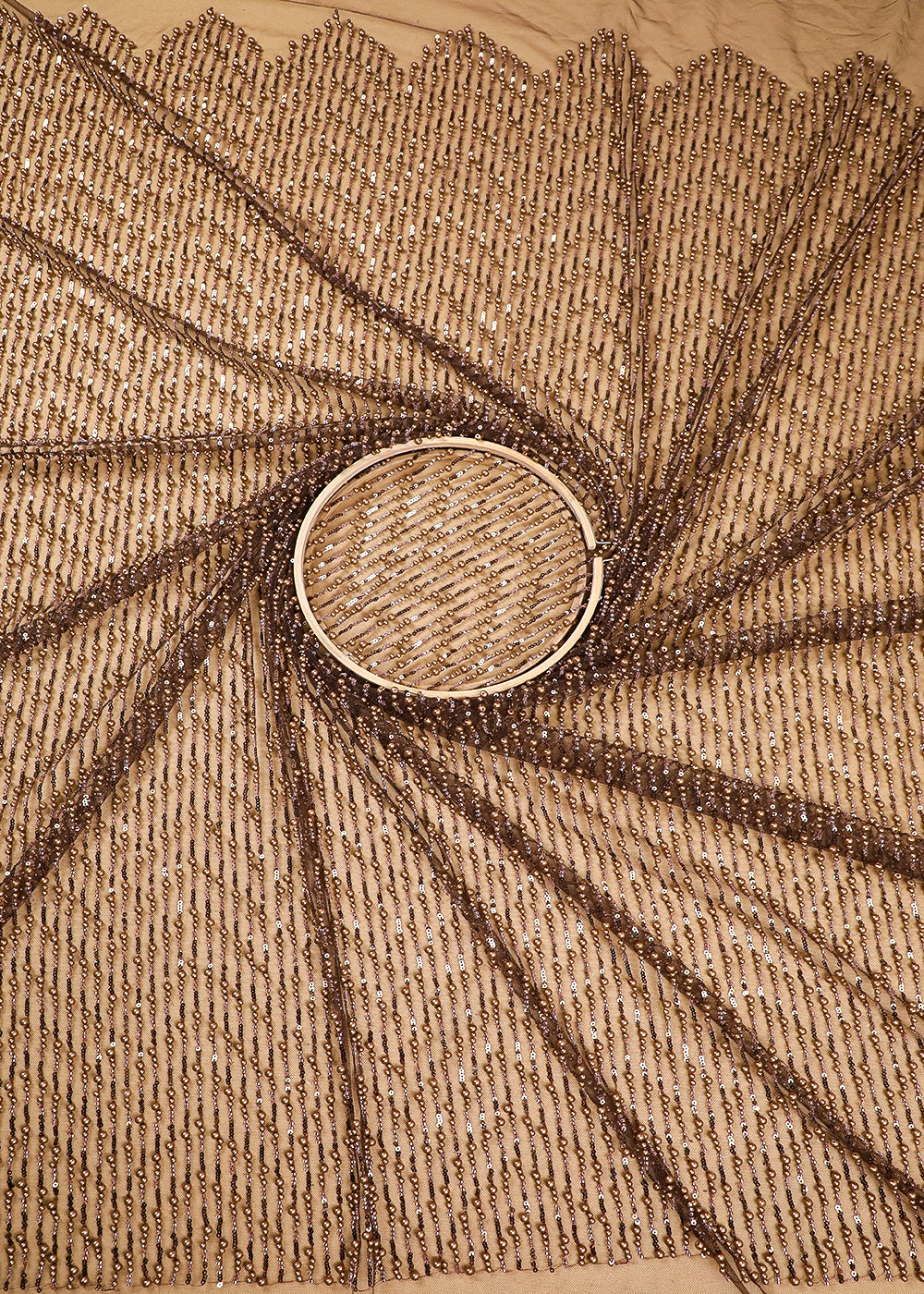 Coffee Imported Net Fabric With All Over Sequins And Bead Work With One Side Scalloped Edge 16679