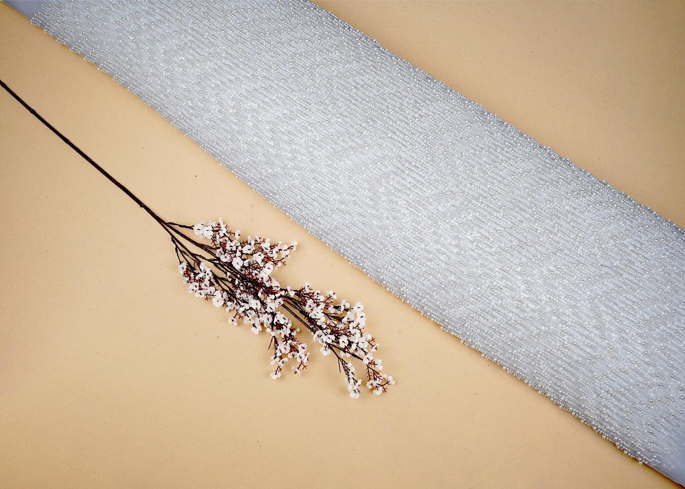 White Imported Net Fabric With All Over Sequins And Bead Work With One Side Scalloped Edge 16680