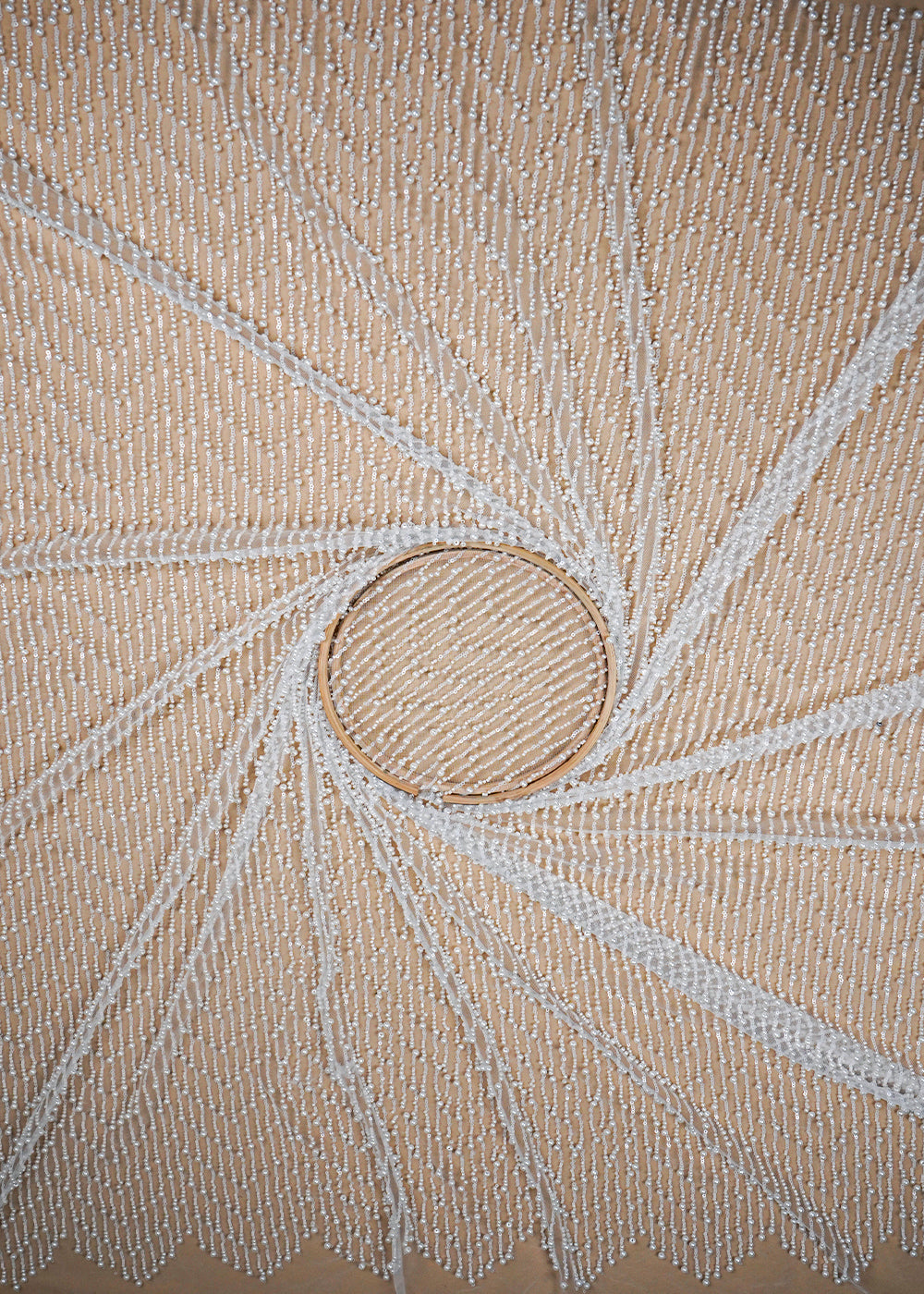 White Imported Net Fabric With All Over Sequins And Bead Work With One Side Scalloped Edge 16680