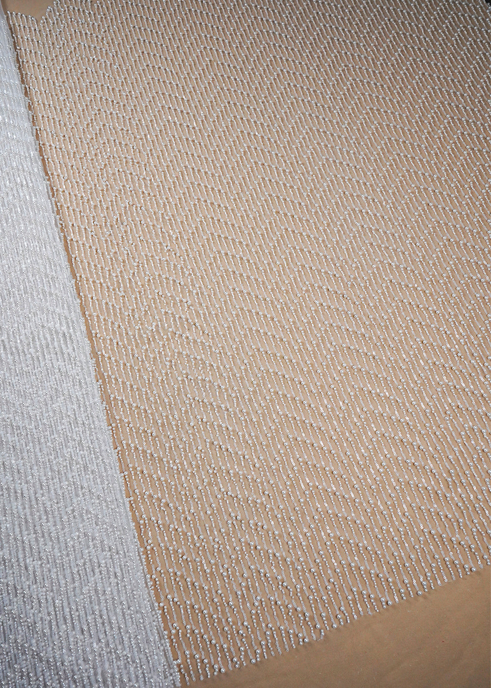 White Imported Net Fabric With All Over Sequins And Bead Work With One Side Scalloped Edge 16680