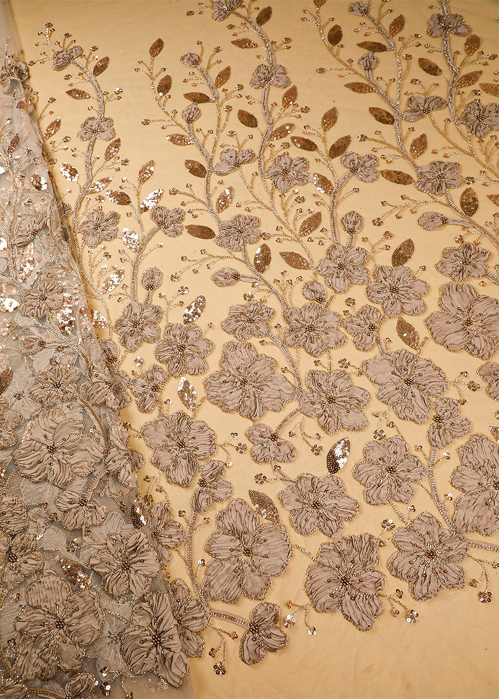 Beige Imported Net Fabric With All Over Bead, Katdana And Applique Work 16683