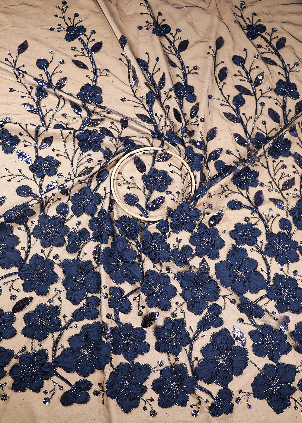 Navy Blue Imported Net Fabric With All Over Bead, Katdana And Applique Work 16683