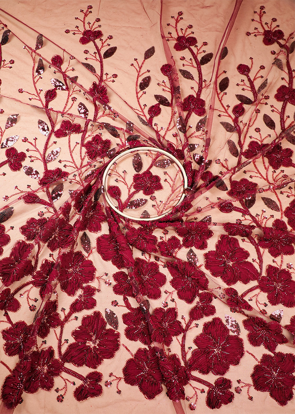 Maroon Imported Net Fabric With All Over Bead, Katdana And Applique Work 16684