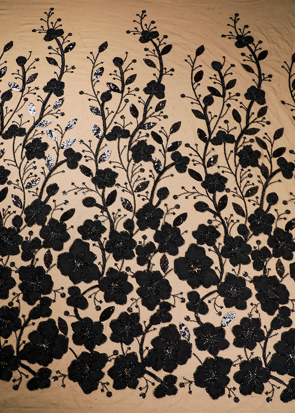 Black Imported Net Fabric With All Over Bead, Katdana And Applique Work 16685