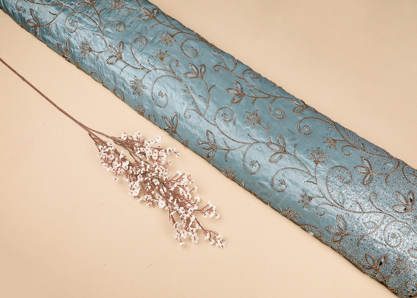 Powder Blue Imported Organza Satin Fabric with Allover Katdana, Sequins and Cutwork with One-Side Heavy Border 16708